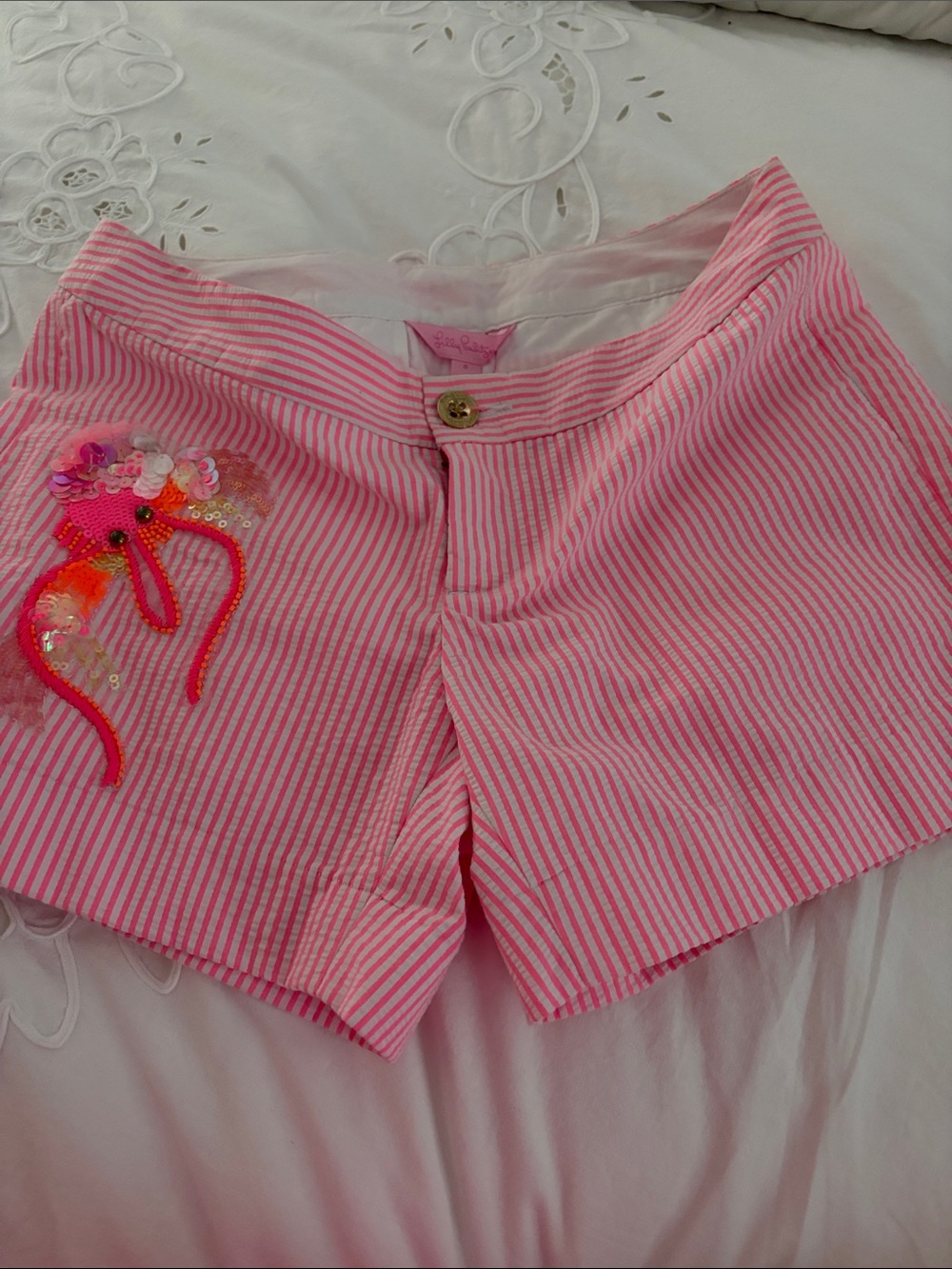 Lilly Pulitzer Pink Seersucker High-Waist Shorts with Sequin Jellyfish
